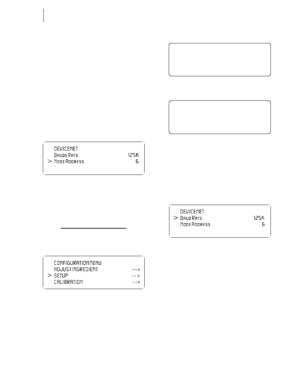Fig. 41: devicenet/selecting node address, For hi 3030, hi 3600, hi 3300, Fig. 42: configuration menu/selecting setup | Fig. 43: configuration menu, Fig. 44: options menu/selecting devicenet i/o, Fig. 45: devicenet sub-menu/setting the baud rate, Net/selecting node address, Configuration menu/selecting setup, Iguration menu, Ons menu/selecting devicenet i/o | Hardy HI 3010 Filler/Dispenser Controller User Manual | Page 31 / 131