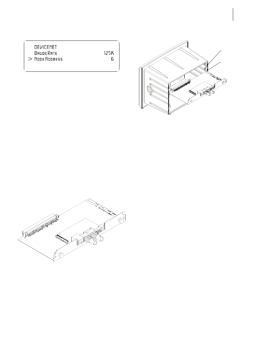 Fig. 46: devicenet/selecting node address, Controlnet option card installation, Fig. 47: controlnet/option card | Fig. 48: controlnet/slide into option slot #0, Net/selecting node address, Ontrolnet/option card, Ontrolnet/slide into option slot #0 | Hardy HI 3010 Filler/Dispenser Controller User Manual | Page 32 / 131