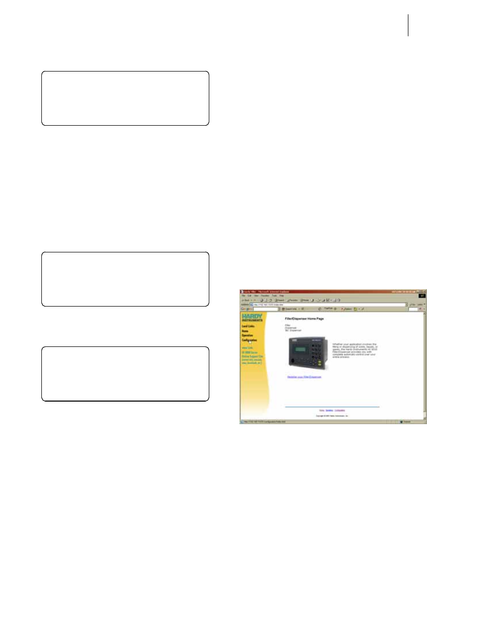 Fig. 66: configuration menu/selecting options, Fig. 67: options/selecting ethernet/ip i/o, Fig. 68: ethernet/ip menu/setting ip address | Onfiguration menu/selecting options, Ptions/selecting ethernet/ip i/o, Address | Hardy HI 3010 Filler/Dispenser Controller User Manual | Page 38 / 131