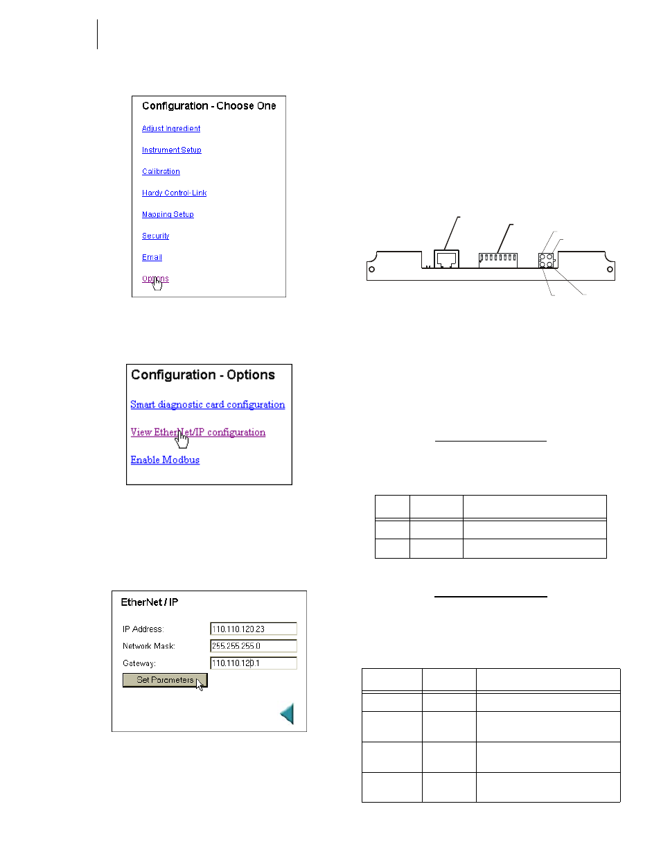 Led status indicators, Fig. 73: connector/dip switches/leds, Led 1 - link (activity) | Led 2 - module status, Led 1 - link (activity) led 2 - module status, Age/selecting view ethernet/ip, Onnector/dip switches/leds | Hardy HI 3010 Filler/Dispenser Controller User Manual | Page 39 / 131