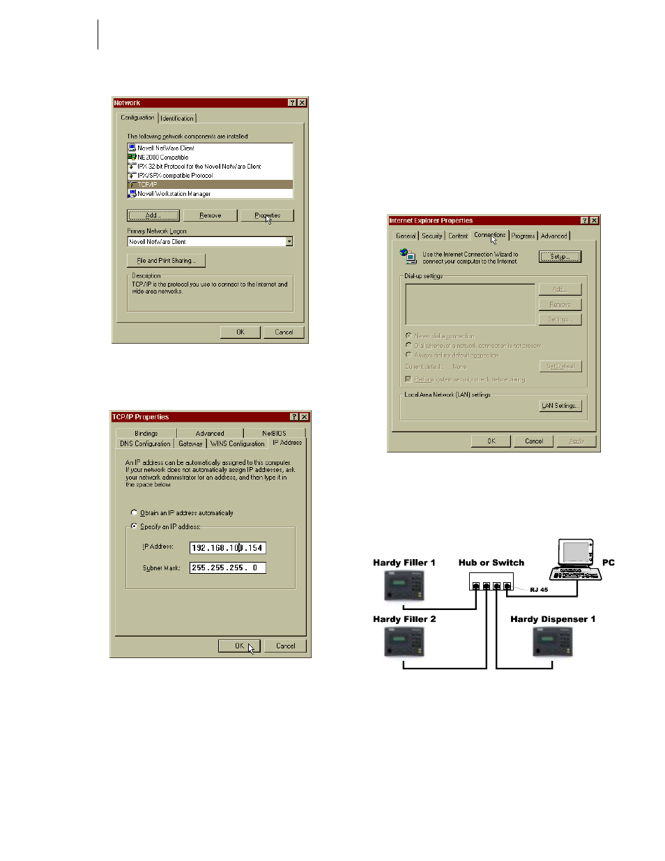 Fig. 94: network dialog box/select properties, Fig. 95: tci/ip properties/ip address, Fig. 96: internet properties dialog box | Hardy control-link ethernet network, Fig. 97: hardy control-link ethernet network, Materials required, Rties, Properties/ip address, Nternet properties dialog box, Ardy control-link ethernet network | Hardy HI 3010 Filler/Dispenser Controller User Manual | Page 51 / 131