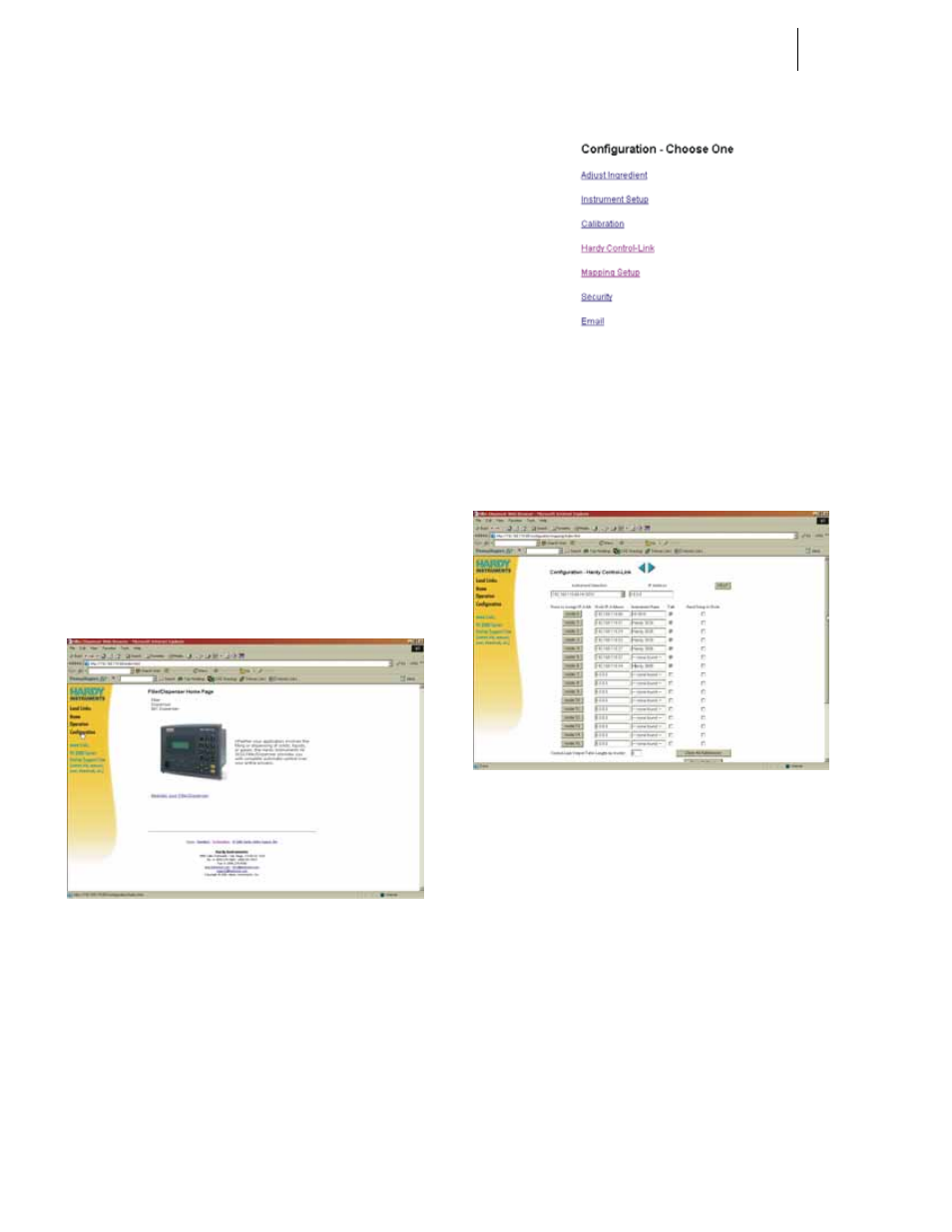Lecting hardy control-link, Onfiguration - hardy control-link/instrument, Lected instrument with ip address in | Rdy modbus-link display/writer multiple, Ardy modbus-link/enter value display, Lect module type | Hardy HI 3010 Filler/Dispenser Controller User Manual | Page 52 / 131