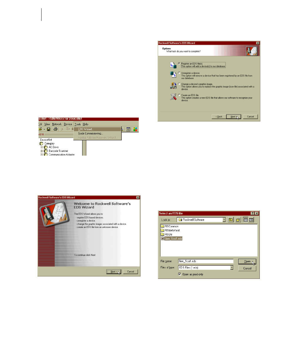 Devicenet network setup, Rsnetworx setup for hi 3000 series instruments, Fig. 110: selecting eds wizard | Fig. 111: eds wizard dialog box, Fig. 112: selecting “register an eds file, Fig. 113: selecting the hardy eds file, Lecting eds wizard, S wizard dialog box, Ecting “register an eds file, Ecting the hardy eds file | Hardy HI 3010 Filler/Dispenser Controller User Manual | Page 55 / 131