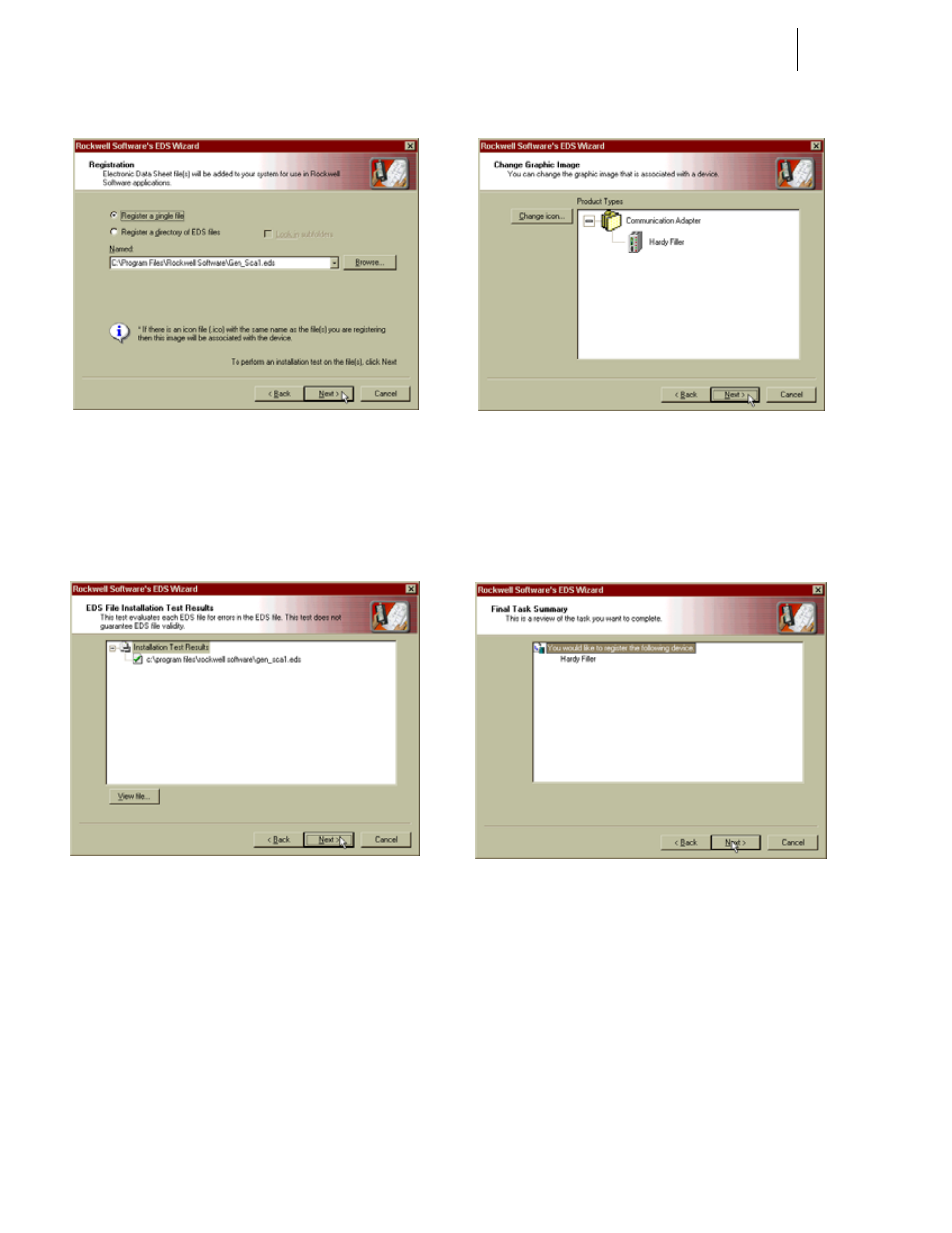 Fig. 114: selecting the hardy eds file, Fig. 116: change graphic image dialog box, Fig. 117: final task summary dialog box | Ecting the hardy eds file, Test results dialog box, Image dialog box, Task summary dialog box | Hardy HI 3010 Filler/Dispenser Controller User Manual | Page 56 / 131