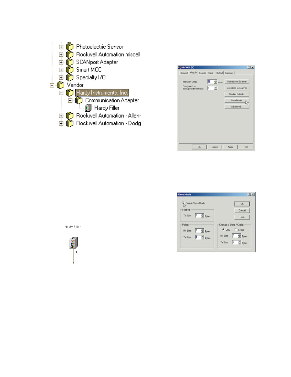Fig. 119: graph/hardy filler icon, Slave mode setup, Fig. 120: module tab/selecting slave mode | Fig. 121: slave mode dialog box, Cting slave mode, Mode dialog box | Hardy HI 3010 Filler/Dispenser Controller User Manual | Page 57 / 131