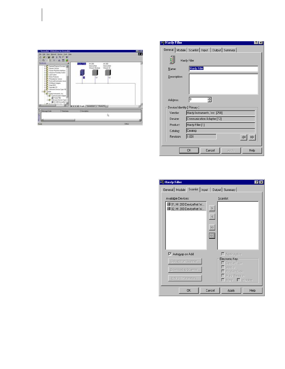 Building a scanlist in rsnetworx, Fig. 126: graph of networked modules, Fig. 127: hardy filler properties list | Networked modules, Filler properties list, Ices | Hardy HI 3010 Filler/Dispenser Controller User Manual | Page 59 / 131