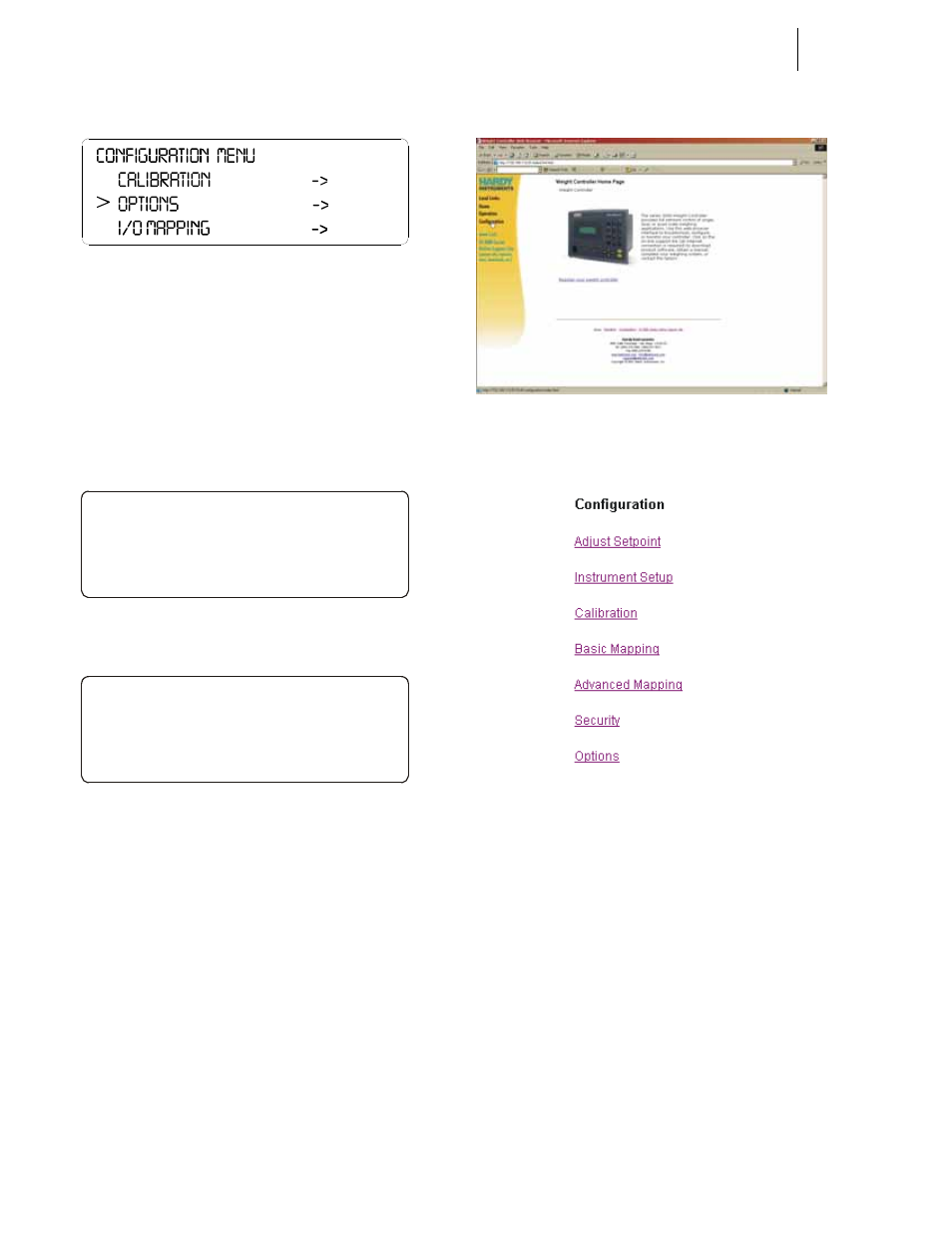 Fig. 132: configuration menu/selecting options, Fig. 133: options/selecting remote i/o, Nfiguration menu/selecting options | Ons/selecting remote i/o, Rolnet i/0 menu/selecting the node address, Configuration from the home | Hardy HI 3010 Filler/Dispenser Controller User Manual | Page 62 / 131