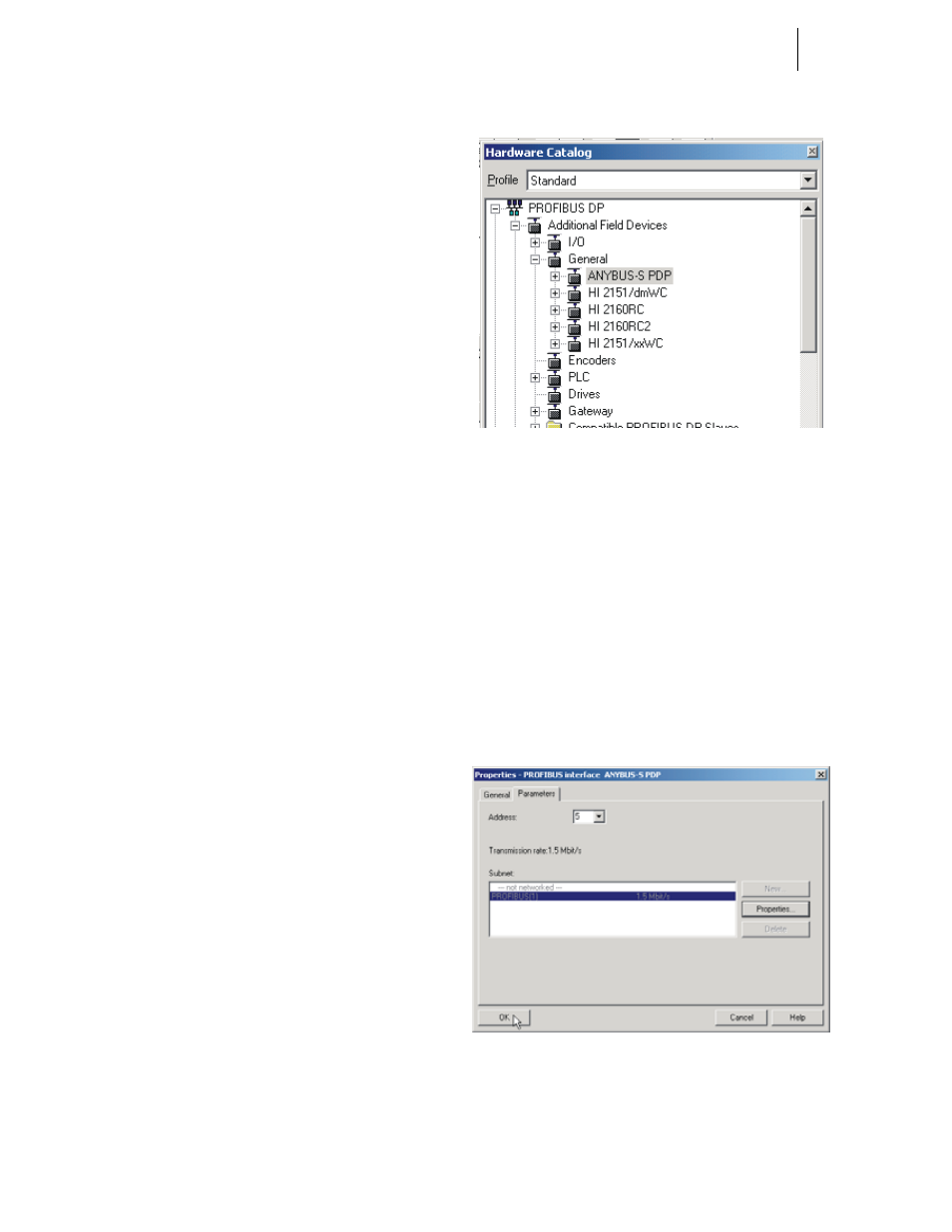 Initialization procedures, Fig. 142: anybus-s pdp parameters dialog box, Are catalog/selecting anybus-s pdp folder | Ters dialog box | Hardy HI 3010 Filler/Dispenser Controller User Manual | Page 64 / 131