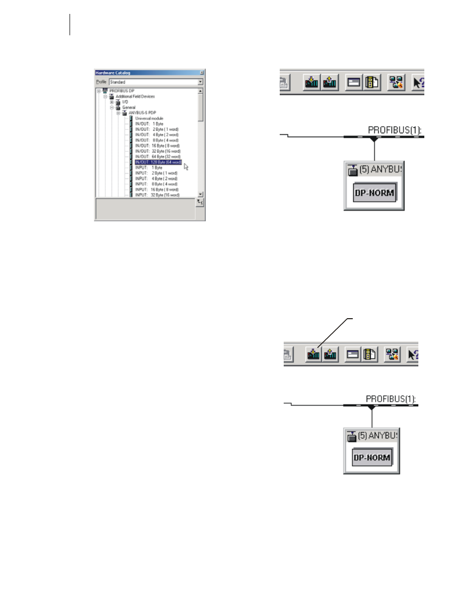 Fig. 143: selecting the input and output size, Fig. 144: anybus-s pdp appears in the network, Fig. 145: downloading hi 3000 series configuration | Ecting the input and output size, Rs in the network, Ownloading hi 3000 series configuration | Hardy HI 3010 Filler/Dispenser Controller User Manual | Page 65 / 131