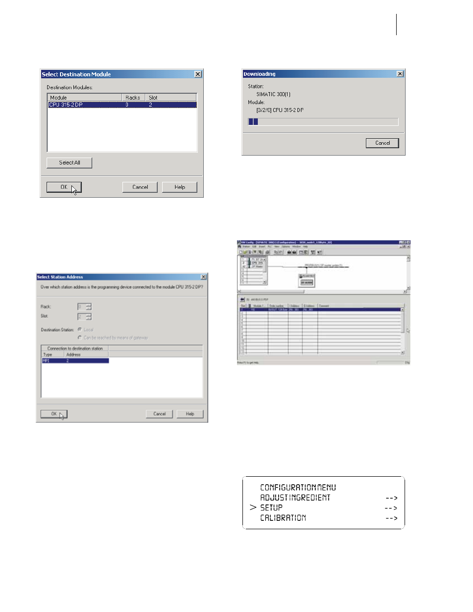 Fig. 146: select destination module dialog box, Fig. 147: select station address dialog box, Fig. 148: downloading configuration prompt | Fig. 149: initialization complete, Fig. 150: configuration menu/selecting setup, Ect destination module dialog box, Lect station address dialog box 52, Wnloading configuration prompt, Tialization complete, Onfiguration menu/selecting setup | Hardy HI 3010 Filler/Dispenser Controller User Manual | Page 66 / 131