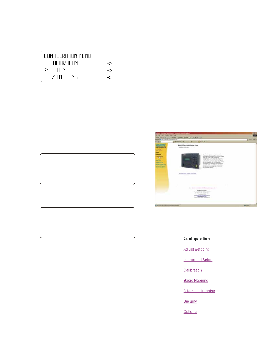 Fig. 151: configuration menu/selecting options, Fig. 152: options/selecting profibus i/0, Onfiguration menu/selecting options | Ons/selecting profibus i/0, Us i/0 menu/selecting the node address, Ecting configuration from the home | Hardy HI 3010 Filler/Dispenser Controller User Manual | Page 67 / 131