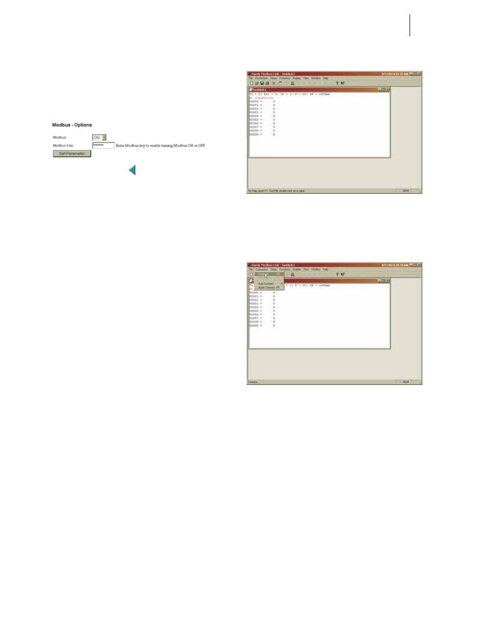 Fig. 163: modbus - options/enabled, Installing hardy modbus-link, Fig. 164: hardy modbus-link display | Fig. 165: hardy modbus-link/selecting connect, Odbus - options/enabled, Ardy modbus-link display, Ardy modbus-link/selecting connect | Hardy HI 3010 Filler/Dispenser Controller User Manual | Page 70 / 131