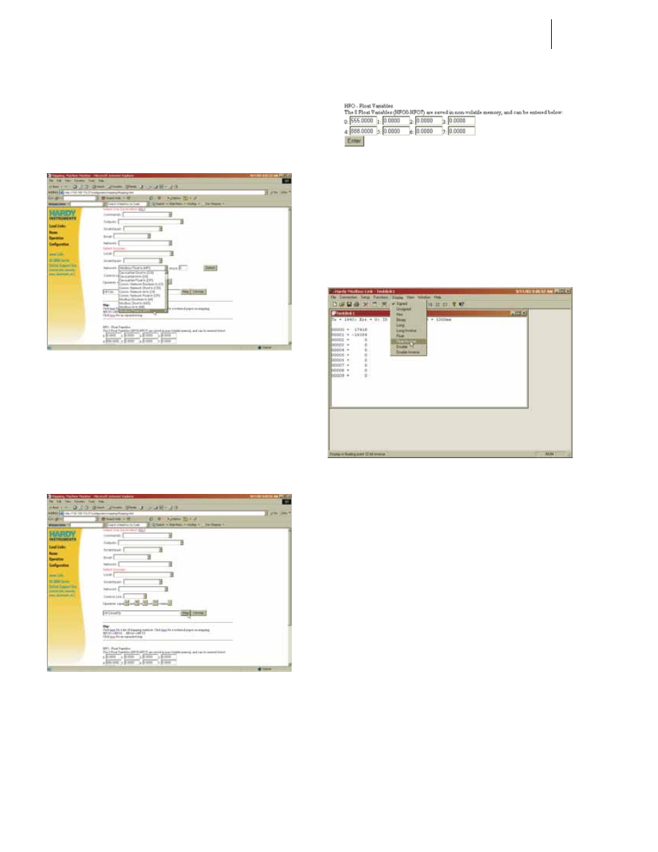 Selecting source, Mapping the source to the, Hfo - float variables/entering | Ardy modbus-link display/selecting display/float | Hardy HI 3010 Filler/Dispenser Controller User Manual | Page 72 / 131
