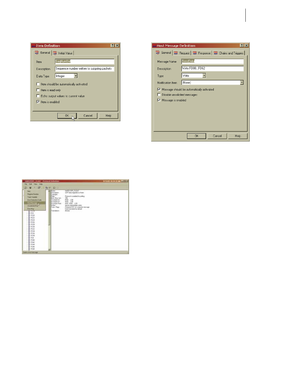 Fig. 211: item definition/sequence number out, Fig. 213: host message definition | Hardy HI 3010 Filler/Dispenser Controller User Manual | Page 82 / 131