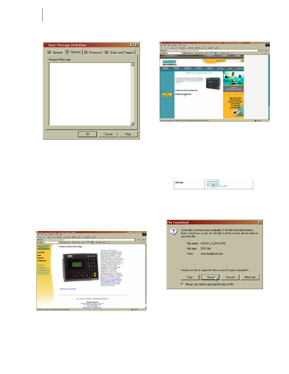Fig. 215: selecting www link, Fig. 216: hi 3000 support site, Fig. 217: eps files/selecting opc float dpd file | Fig. 218: file download dialog box | Hardy HI 3010 Filler/Dispenser Controller User Manual | Page 83 / 131