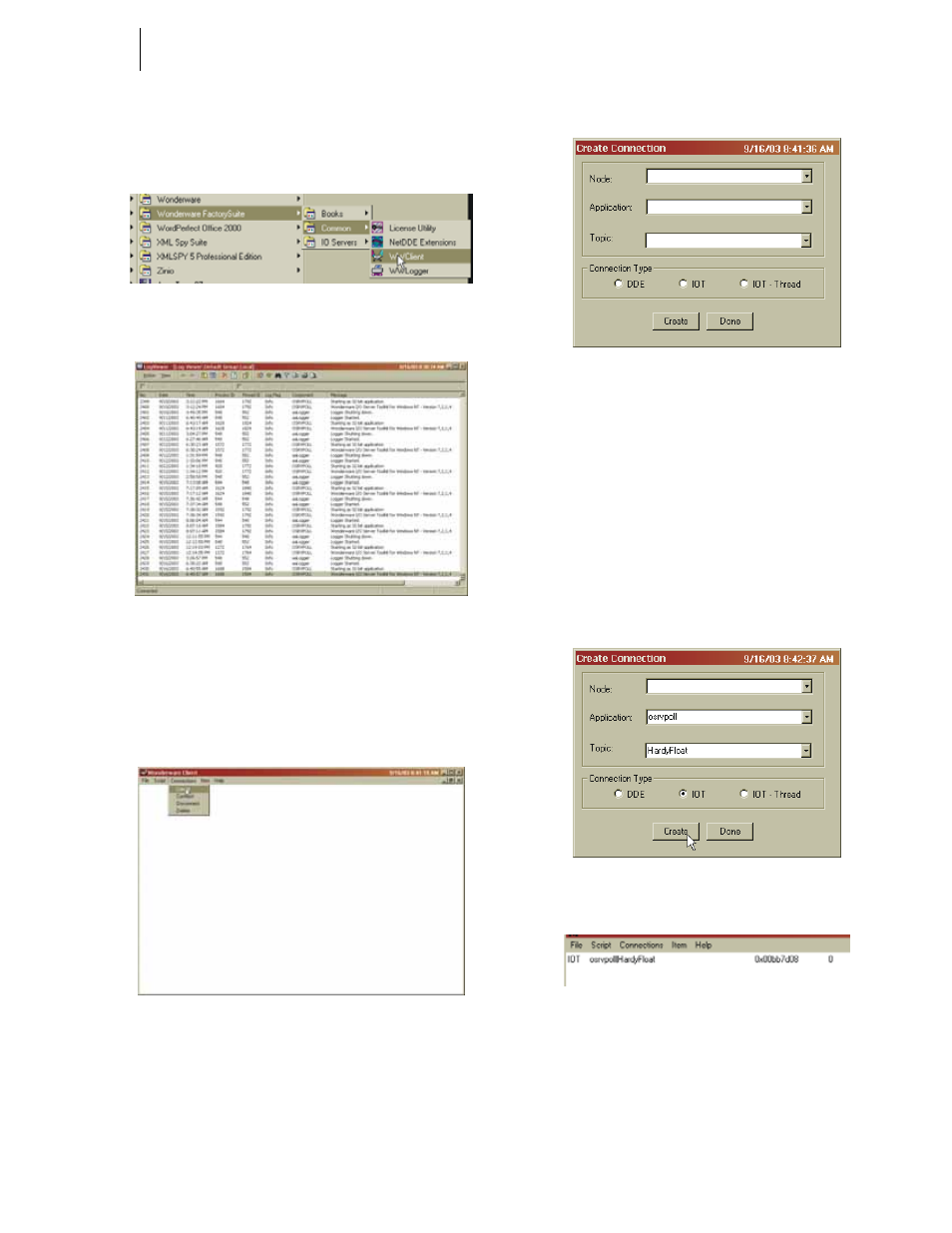 Fig. 229: wonderware/selecting wwclient, Fig. 230: wonderware/close the log viewer, Fig. 231: wwclient/selecting create connection | Fig. 232: create connection dialog box, Fig. 233: create connection dialog box, Fig. 234: iot connection | Hardy HI 3010 Filler/Dispenser Controller User Manual | Page 87 / 131
