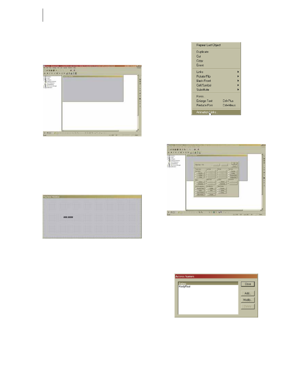Fig. 241: window maker/creating a new window, Fig. 242: machine monitor window entering, Fig. 243: windowmaker/selecting animation links | Fig. 244: windowmaker/object type dialog box, Fig. 245: windowmaker/access name dialog box | Hardy HI 3010 Filler/Dispenser Controller User Manual | Page 89 / 131