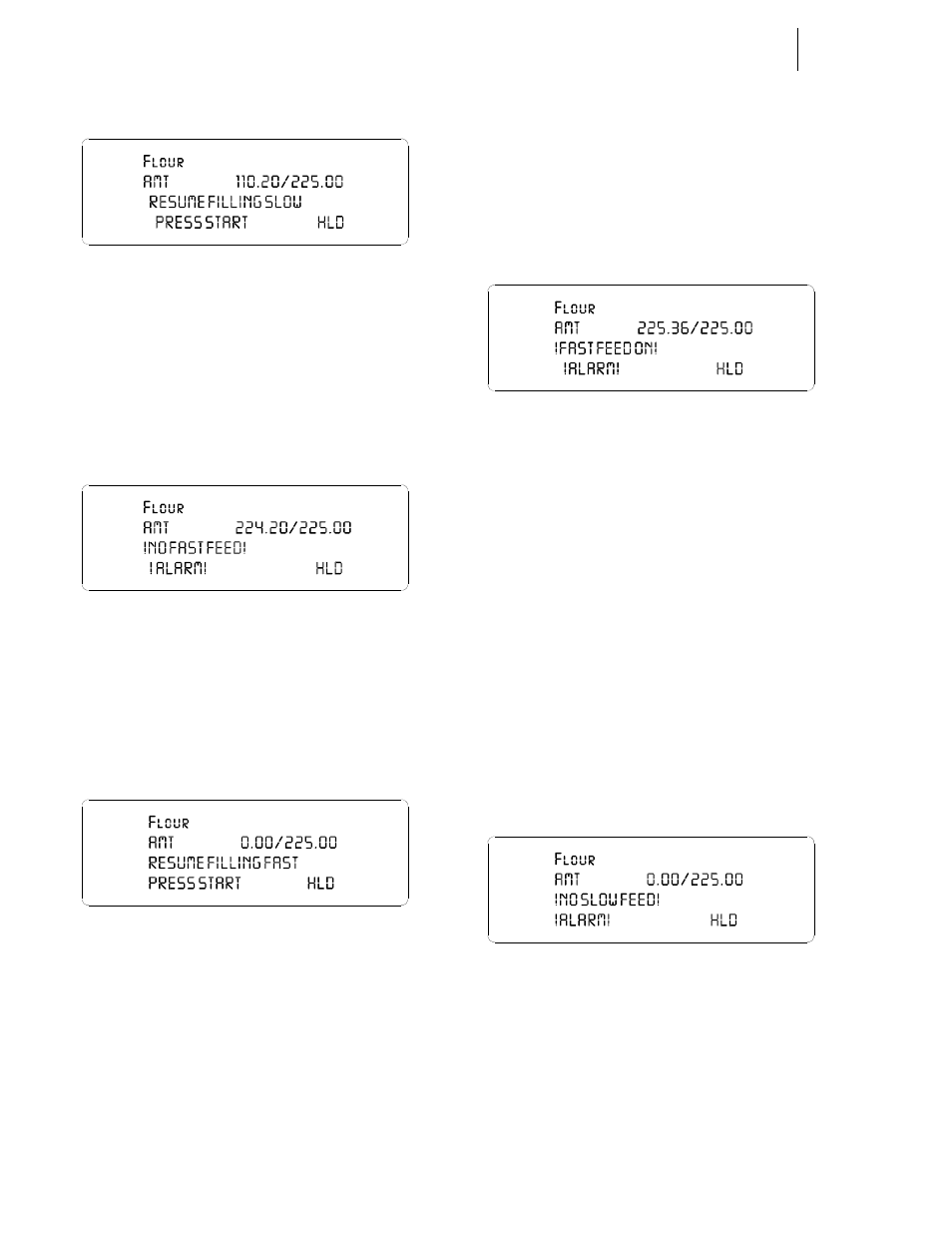 47 resume filling slow, 48 no fast feed alarm, 49 resume filling fast display | 50 fast feed on alarm, 51 no slow feed alarm | Hardy HI 3010 Filler/Dispenser Controller User Manual | Page 35 / 92