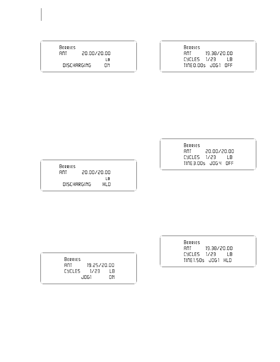 Pausing the discharge, Jog function, Pausing the jog cycle | 30 discharging on, Discharging paused, 32 jog on display, 34 jog off display fig. 4 | Hardy HI 3010 Filler/Dispenser Controller User Manual | Page 52 / 92