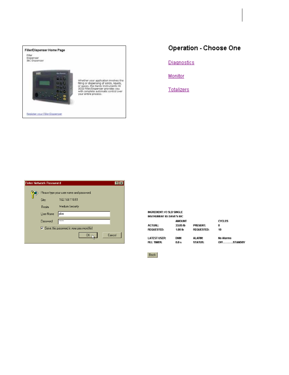 Fig. 5-79 entering user name and password, 81 monitoring the instrument | Hardy HI 3010 Filler/Dispenser Controller User Manual | Page 83 / 92