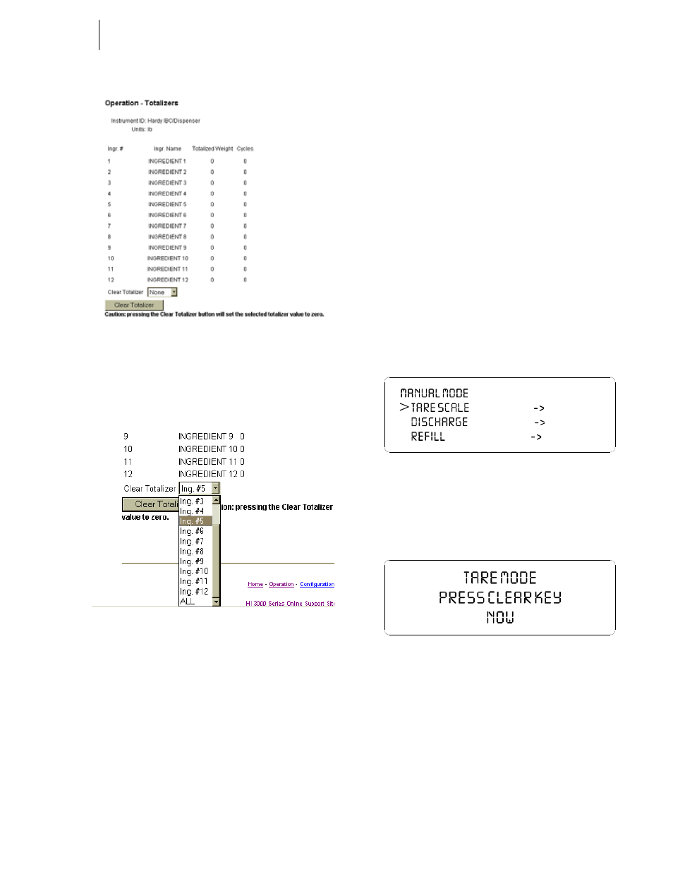 Operating in manual mode from the front panel, 53 clear totalizer list/selecting ingredient, 54 manual mode display/selecting tare scale | 85 tare mode display | Hardy HI 3010 Filler/Dispenser Controller User Manual | Page 84 / 92