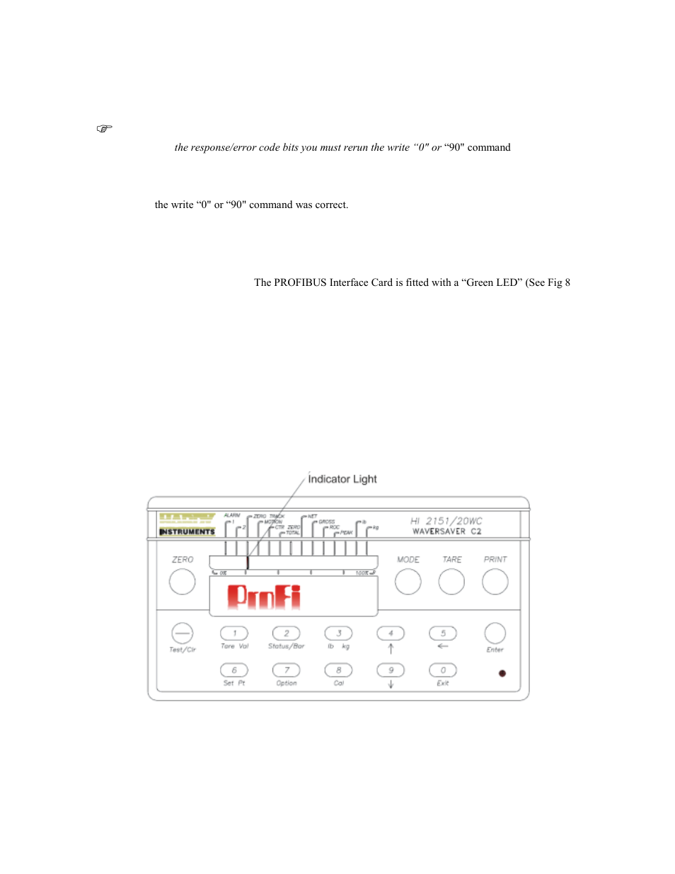 Profibus status indicators, Profibus interface card led, Hi 2151 series indicator light | Hardy HI 2151/30WC Single-Scale Controller User Manual | Page 62 / 66