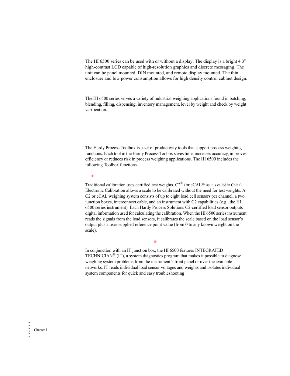 Typical applications, Features and capabilities, Hardy process toolbox | C2® and ecal™ calibration, Integrated technician | Hardy HI 6500 Series User Manual | Page 10 / 184