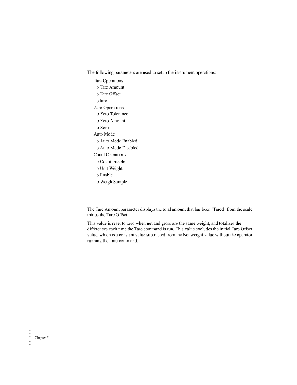 Operations parameter menu, Tare operations commands and parameters, Tare amount parameter | Hardy HI 6500 Series User Manual | Page 102 / 184