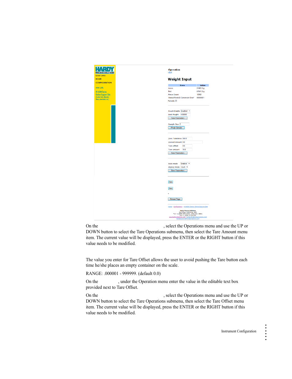 Tare offset parameter | Hardy HI 6500 Series User Manual | Page 103 / 184