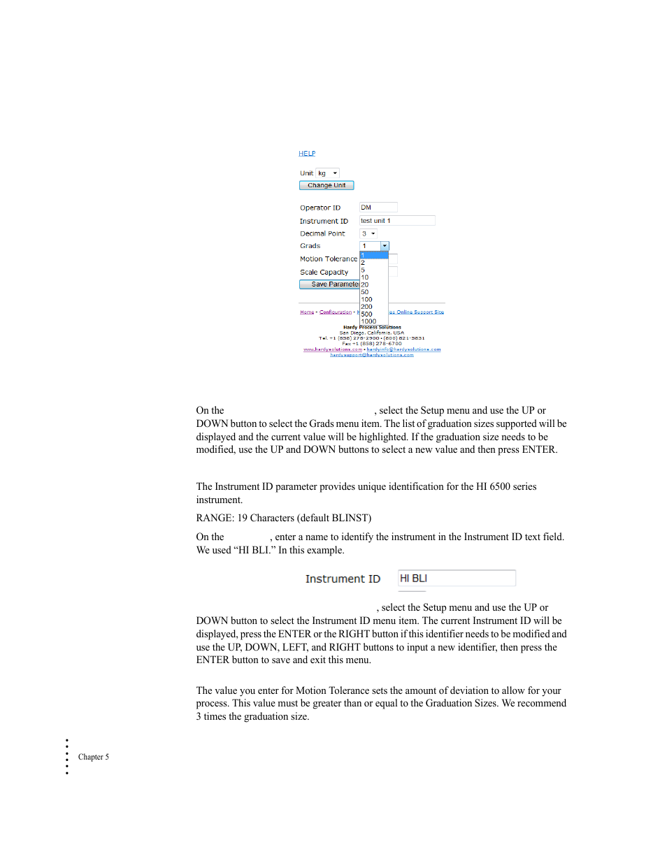 Instrument id parameter, Motion tolerance parameter, Instrument id parameter motion tolerance parameter | Hardy HI 6500 Series User Manual | Page 114 / 184