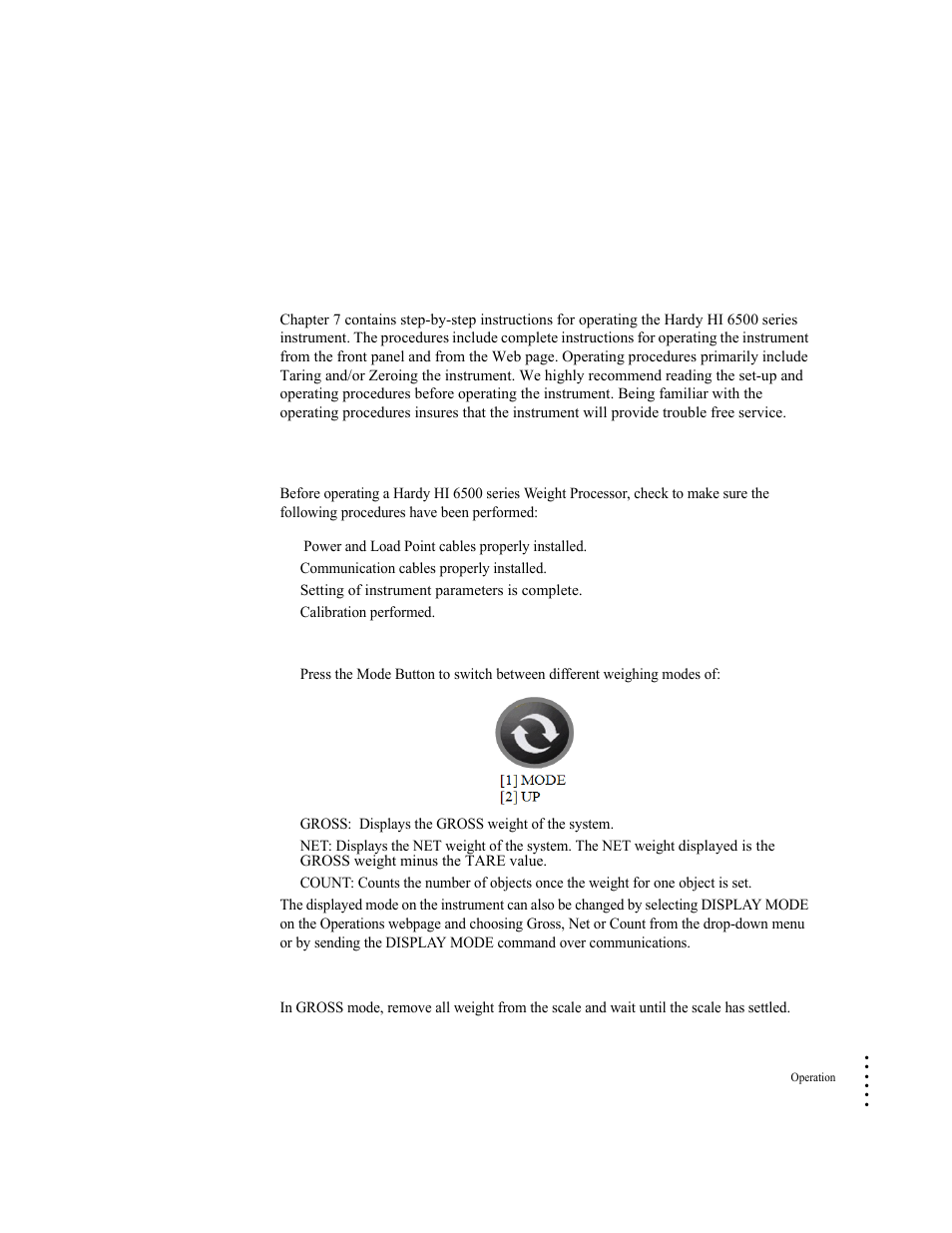 Chapter 7, Operation, Getting started | Mode button, Zero operation, Mode button zero operation | Hardy HI 6500 Series User Manual | Page 129 / 184