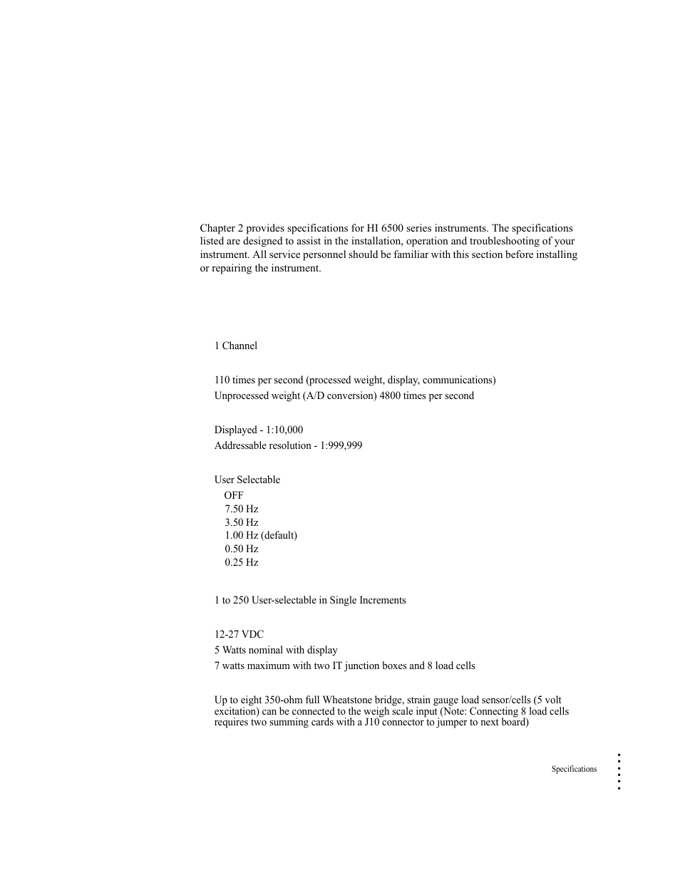 Chapter 2, Specifications, Basic specifications | General | Hardy HI 6500 Series User Manual | Page 13 / 184