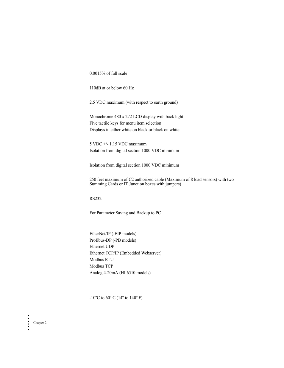 Common mode rejection, Printer, Usb port | Network connectivity, Environmental requirements, Common mode rejection printer usb port, Network connectivity environmental requirements | Hardy HI 6500 Series User Manual | Page 14 / 184