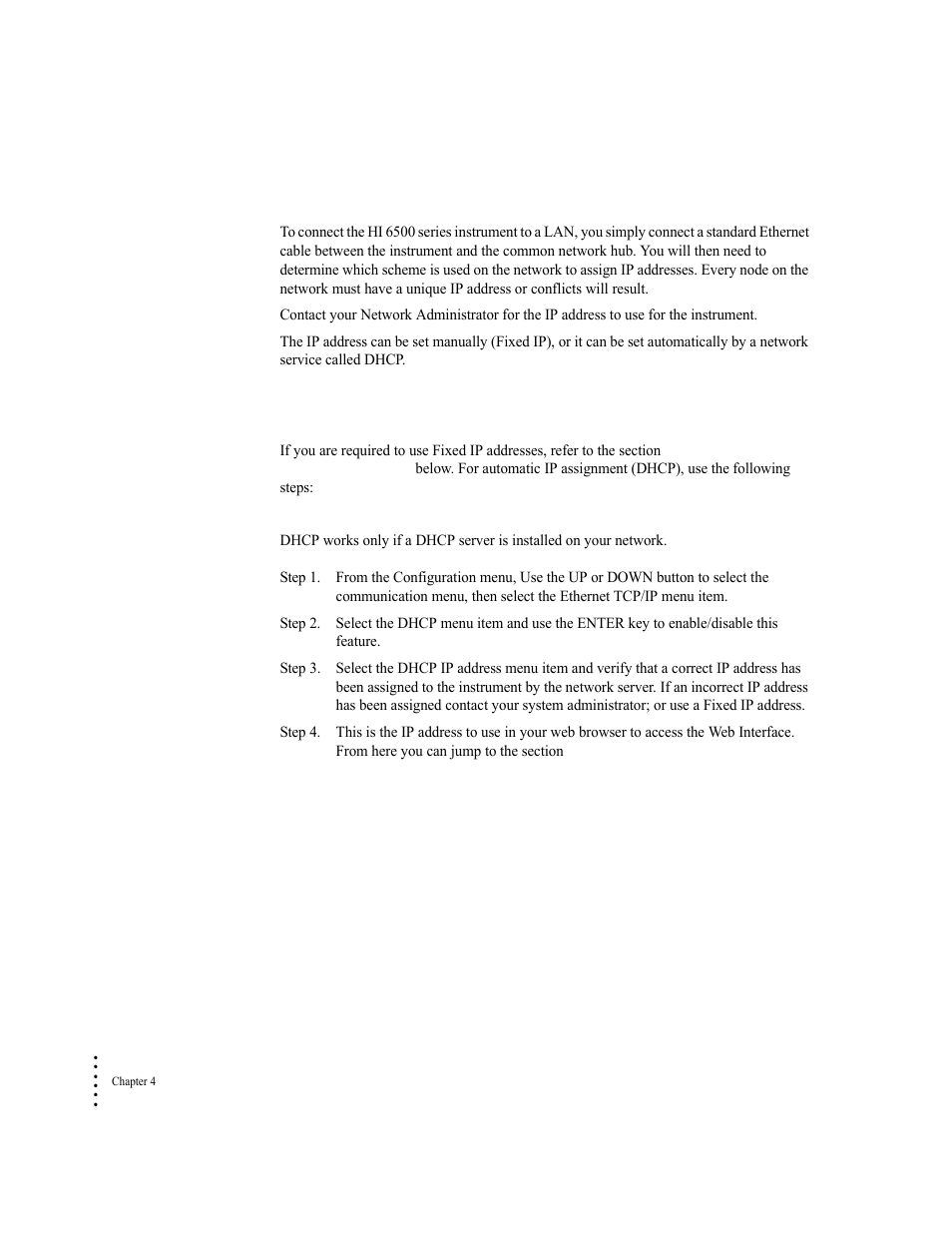 Lan connection, Dhcp configuration using the front panel | Hardy HI 6500 Series User Manual | Page 36 / 184