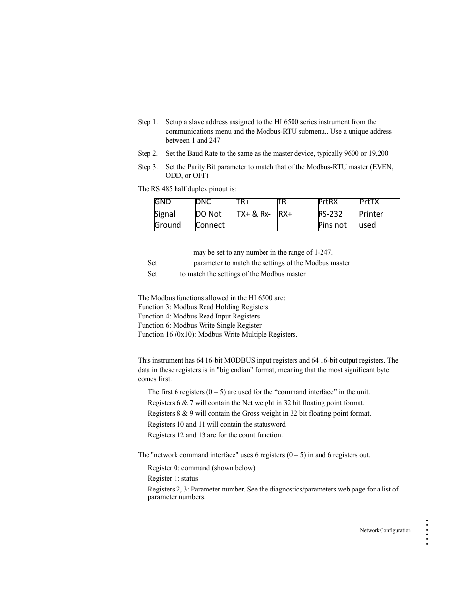 Modbus-rtu (over rs-485), Modbus setup, Modbus functions | Modbus registers, Network command interface | Hardy HI 6500 Series User Manual | Page 51 / 184