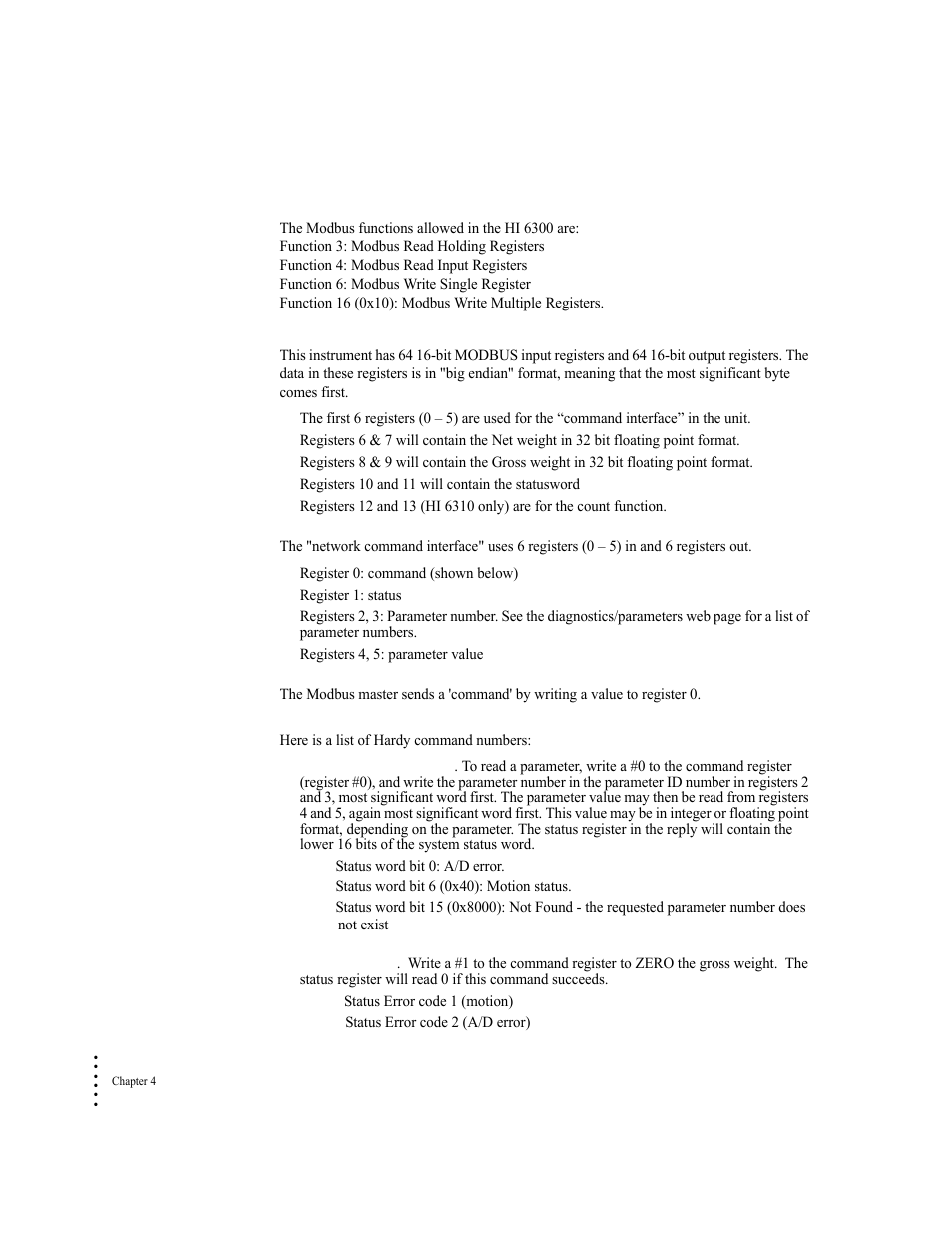 Modbus functions, Modbus registers, Network command interface | Hardy HI 6300 Series User Manual | Page 40 / 156