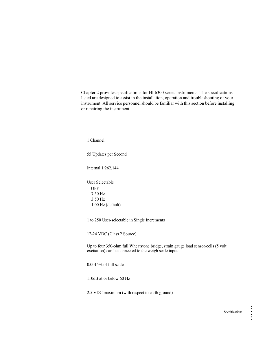Chapter 2, Specifications, Basic specifications | General, Number of channels, Update rate, Resolution, Waversaver, Averages, Input | Hardy HI 6300 Series User Manual | Page 13 / 168