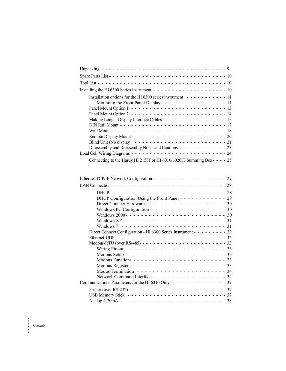 Chapter 3, Hi 6300 installation 9, Chapter 4 | Network configuration 27 | Hardy HI 6300 Series User Manual | Page 4 / 168