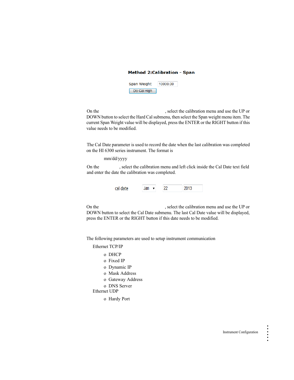 Cal date parameter, Communication menu | Hardy HI 6300 Series User Manual | Page 61 / 168