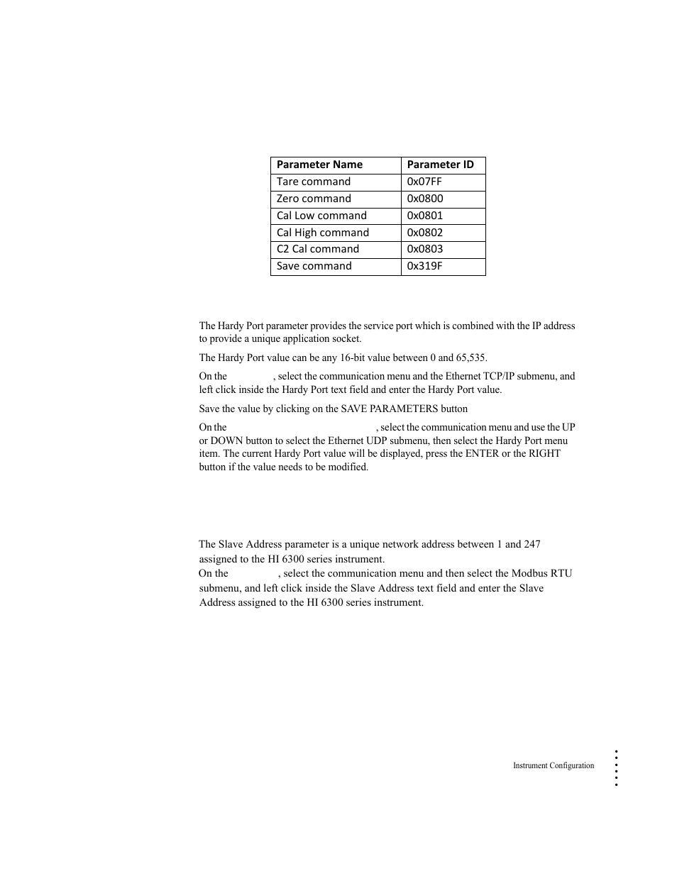 Hardy port parameter, Modbus-rtu commands and parameters, Slave address parameter | Hardy HI 6300 Series User Manual | Page 65 / 168
