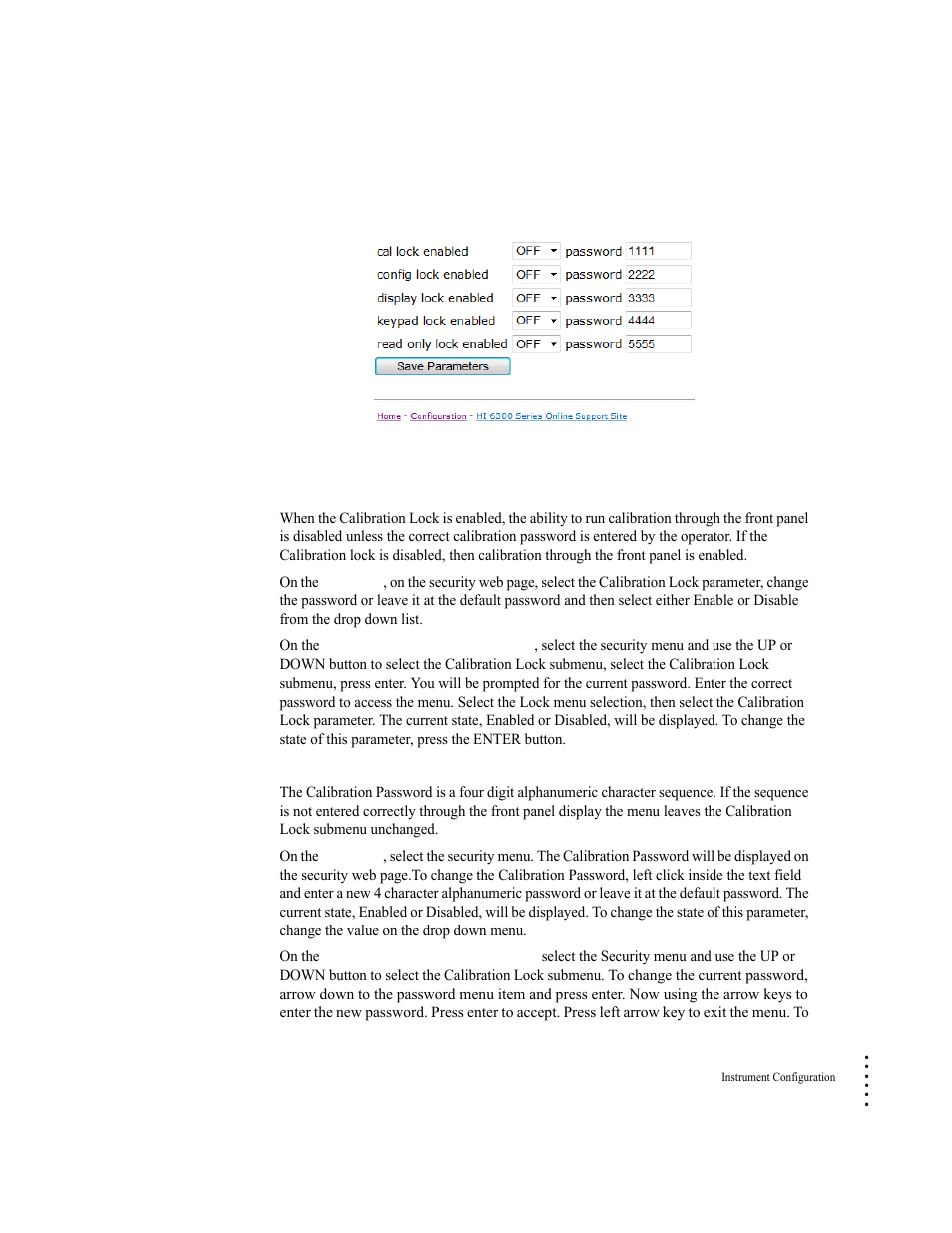 The calibration lock parameters, Calibration lock parameter, Calibration password parameter | Hardy HI 6300 Series User Manual | Page 87 / 168