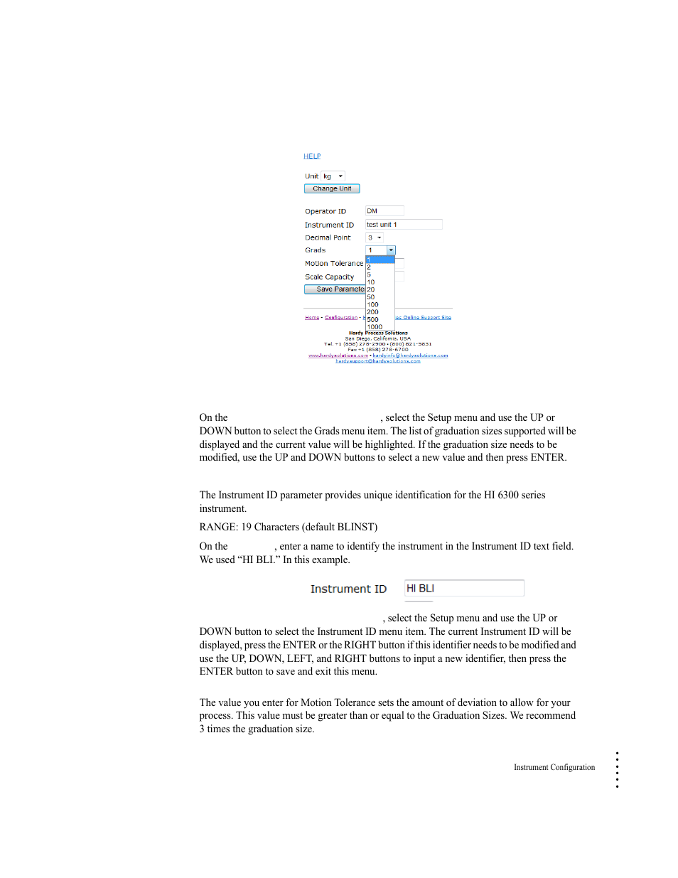 Instrument id parameter, Motion tolerance parameter, Instrument id parameter motion tolerance parameter | Hardy HI 6300 Series User Manual | Page 93 / 168