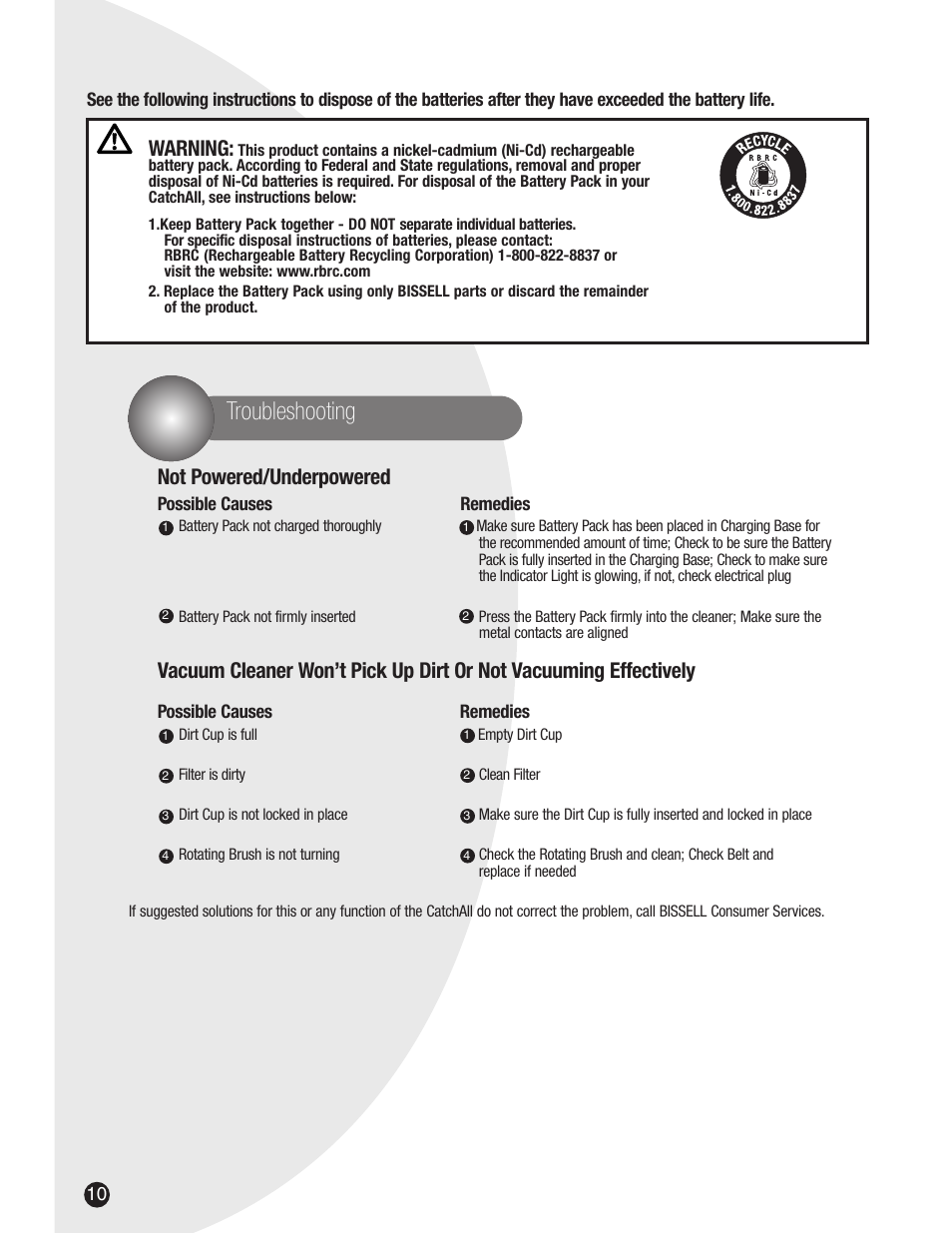 Troubleshooting, Warning, Not powered/underpowered | Bissell 3107 User Manual | Page 10 / 12
