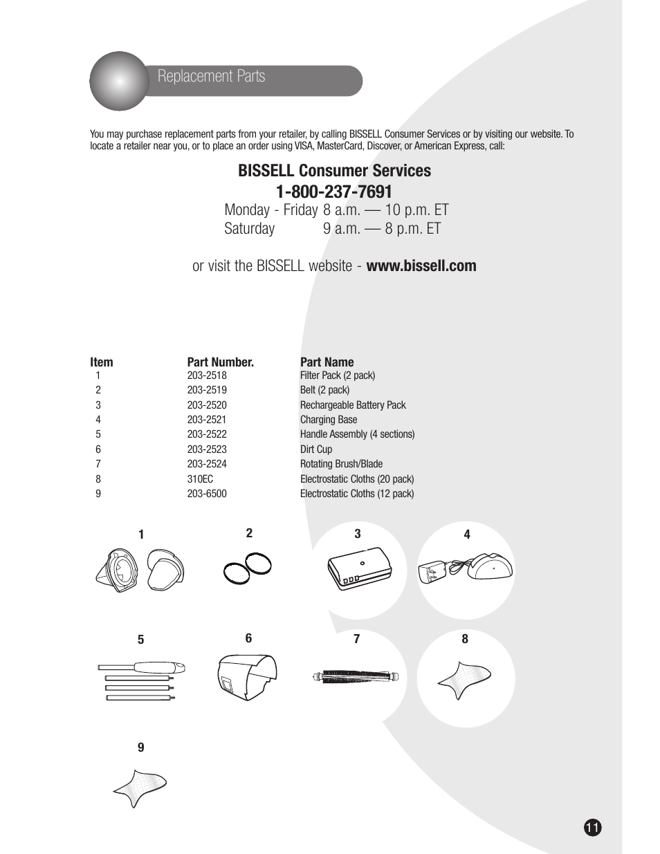 Replacement parts, Bissell consumer services | Bissell 3107 User Manual | Page 11 / 12