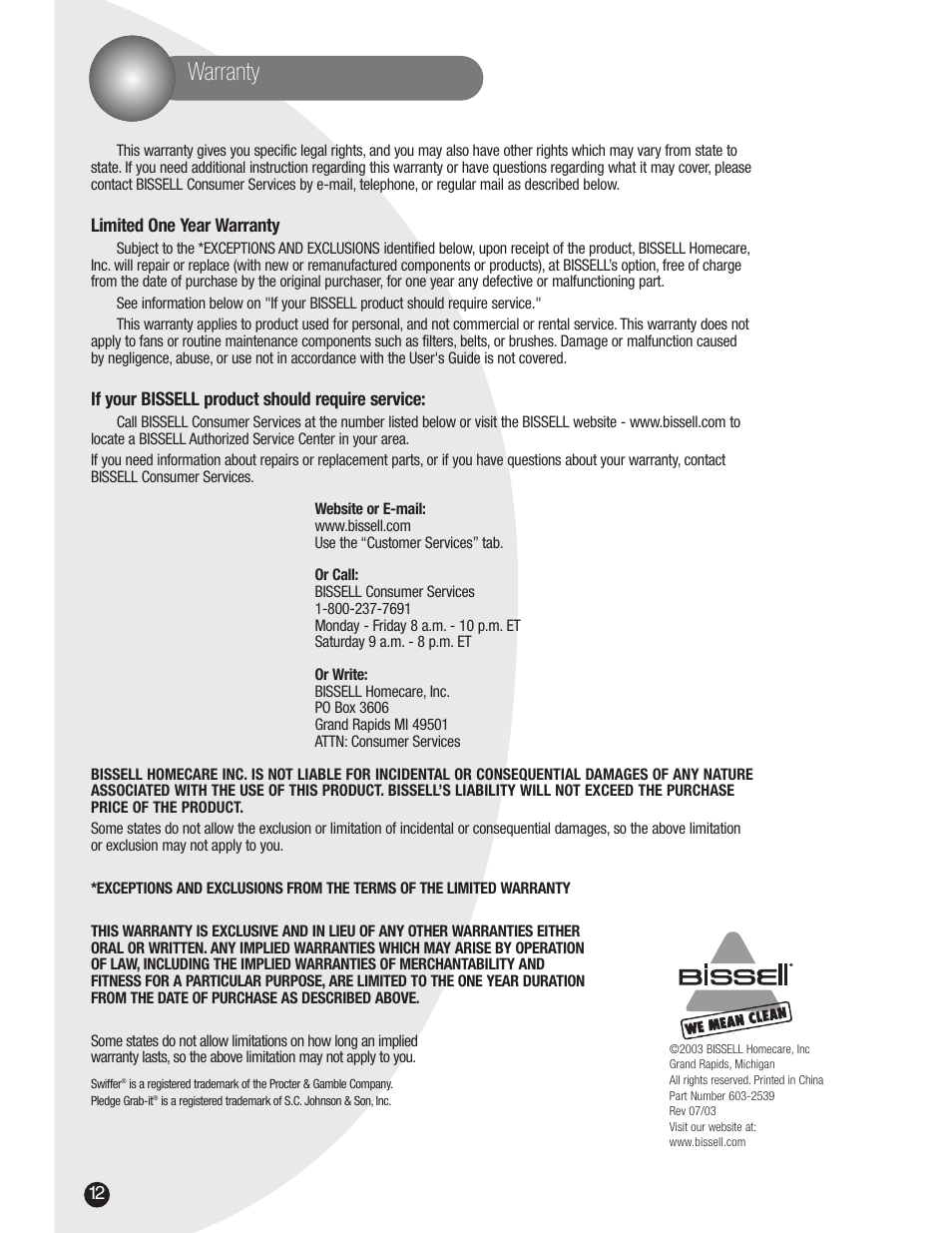 Warranty, Limited one year warranty, If your bissell product should require service | Bissell 3107 User Manual | Page 12 / 12