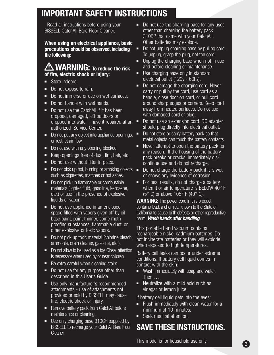 Important safety instructions, Warning, Save these instructions | Wash immediately with soap and water. then, Seek medical attention | Bissell 3107 User Manual | Page 3 / 12