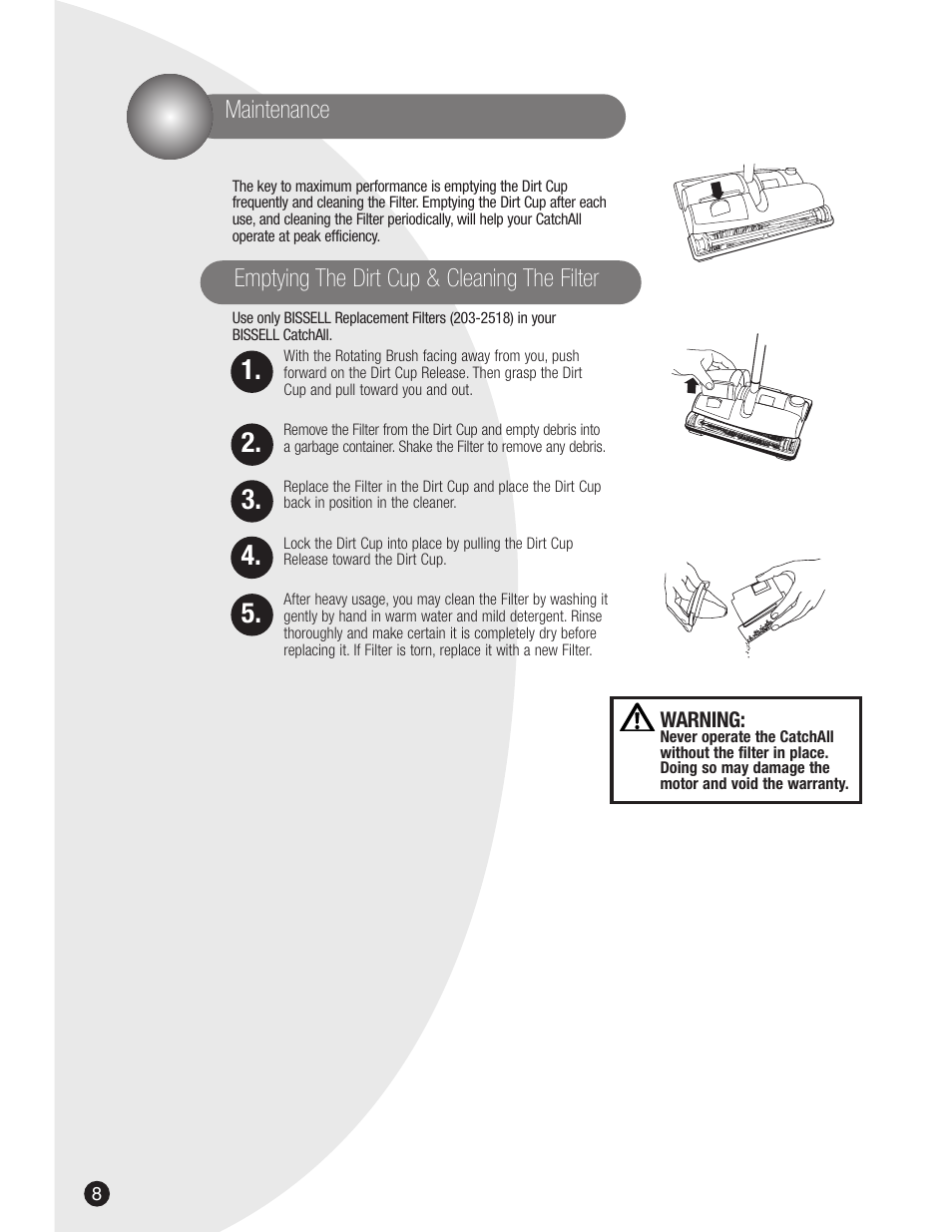 Emptying the dirt cup & cleaning the filter, Maintenance | Bissell 3107 User Manual | Page 8 / 12