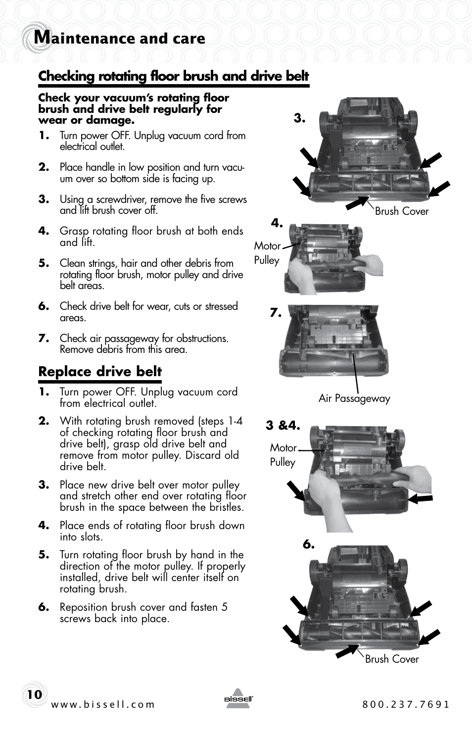 Aintenance and care, Replace drive belt, Checking rotating floor brush and drive belt | Bissell Power Clean 62X5 User Manual | Page 10 / 16