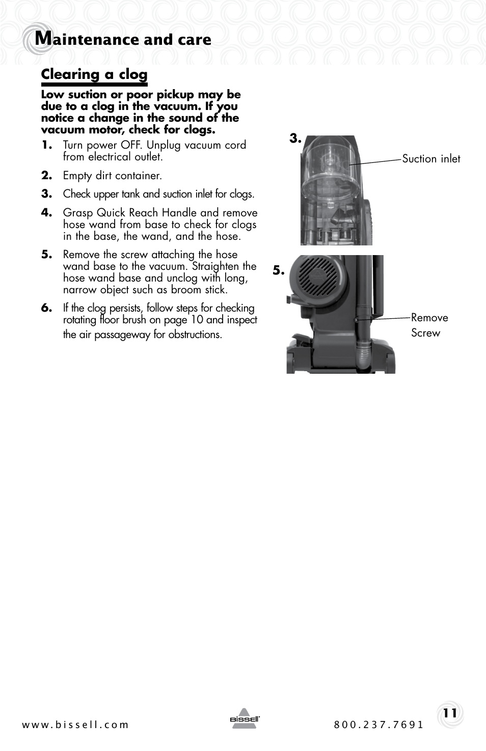 Aintenance and care, Clearing a clog | Bissell Power Clean 62X5 User Manual | Page 11 / 16