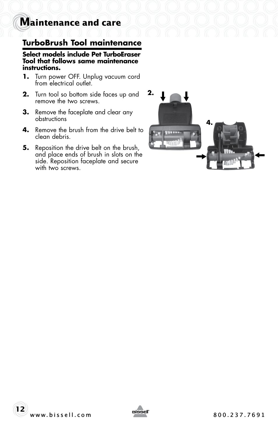 Aintenance and care, Turbobrush tool maintenance | Bissell Power Clean 62X5 User Manual | Page 12 / 16